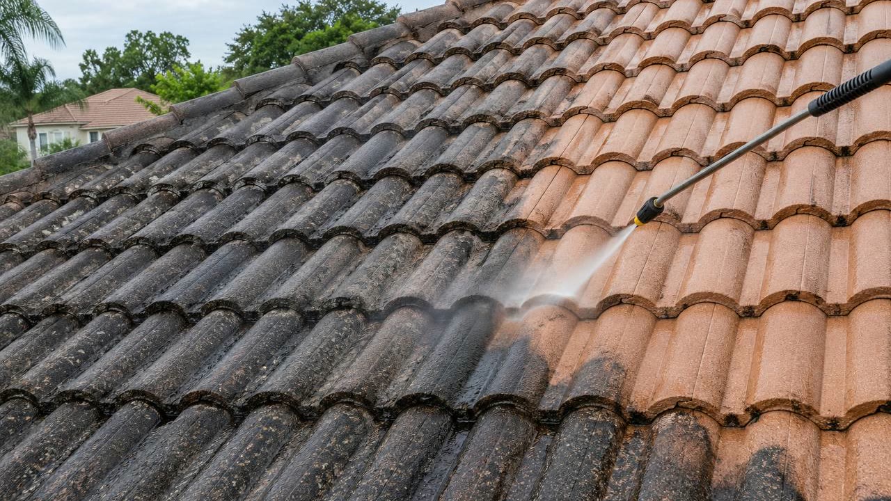 Roof Algae Stain Cleaning Before Section near Orlando
